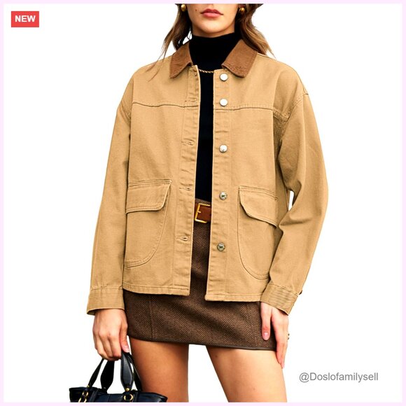 Oversized Denim Jacket Women's Boyfriend Fit Contrast Collar Pockets